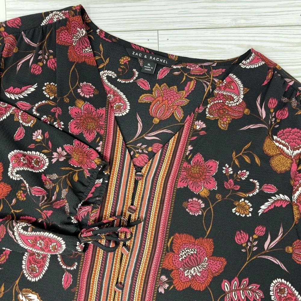 Zac & Rachel Blouse Womens XL Black Floral Paisley Boho Peasant Top Long Sleeve - Picture 4 of 10